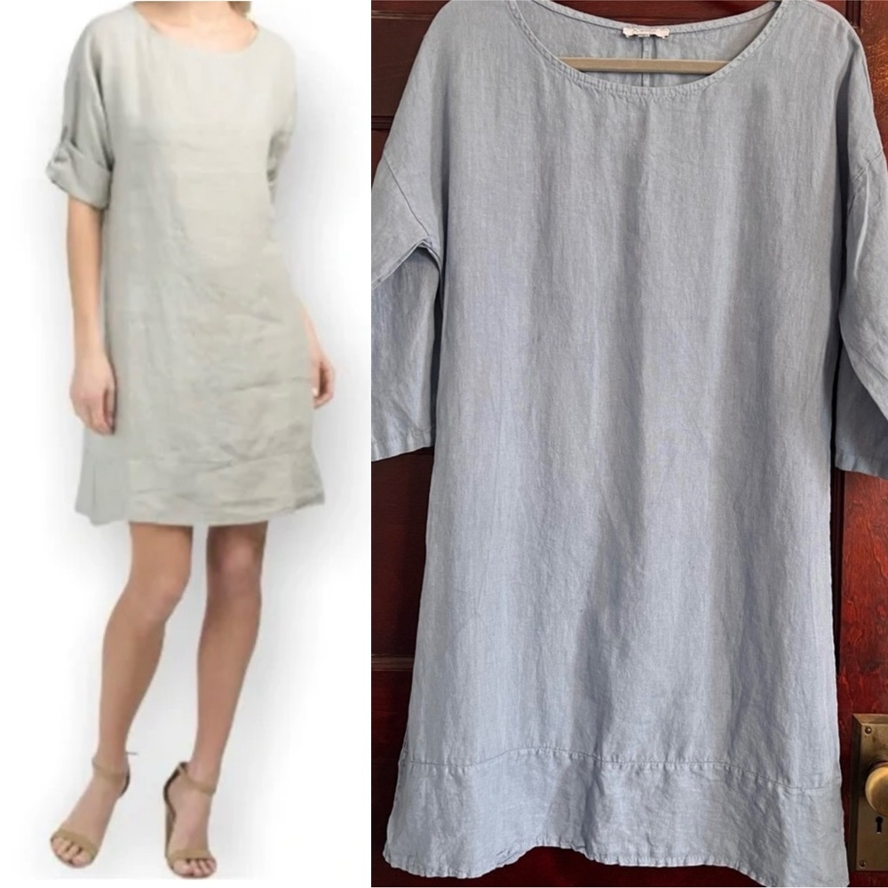 Rosemarine Euro Summer 100% Linen Shift Dress in Chambray Blue size Small